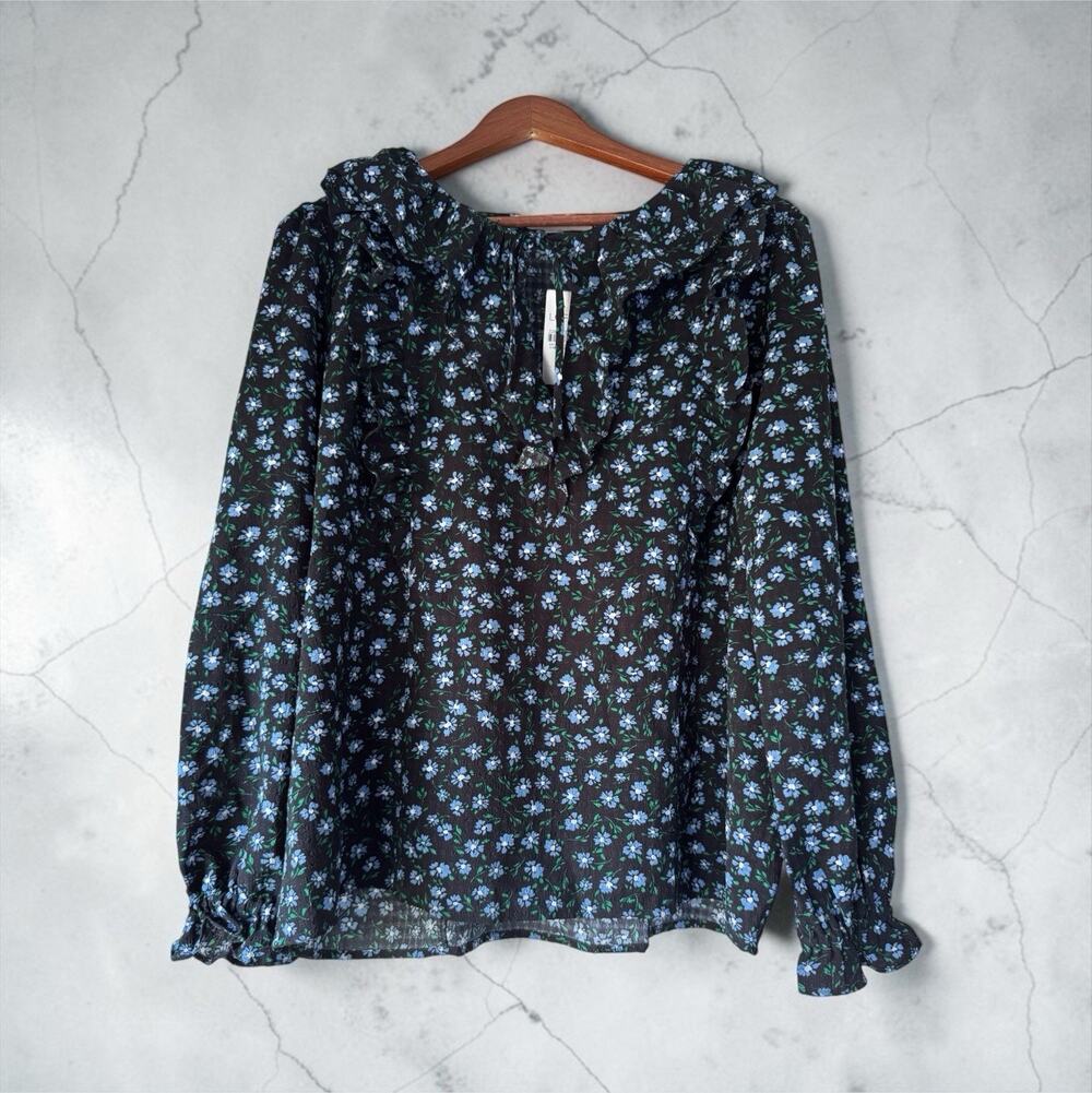NWT LOFT Women's Floral Ruffle V-Neck Long Sleeve Blouse Black Blue Size XL